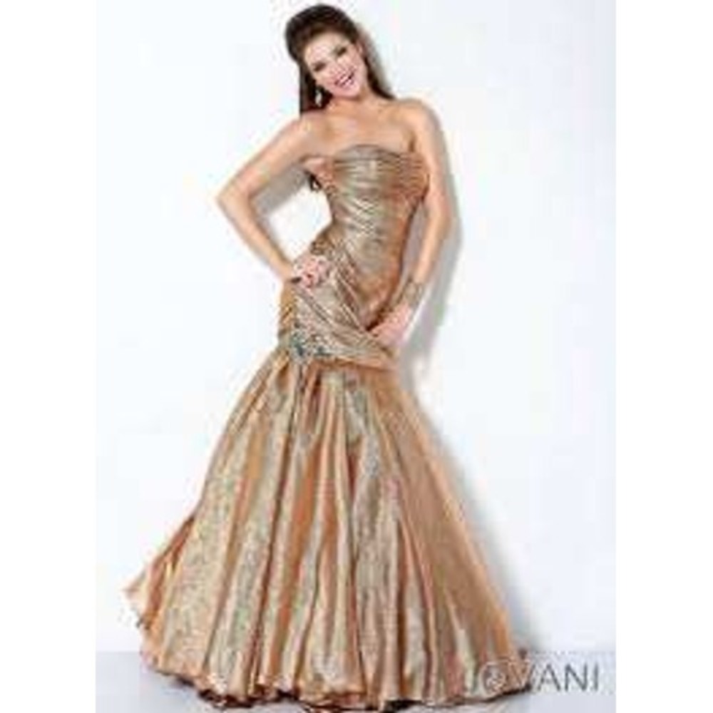Jovani Mermaid Gown 10 Gold Ruched Metallic Formal Dress Wedding Event Black Tie